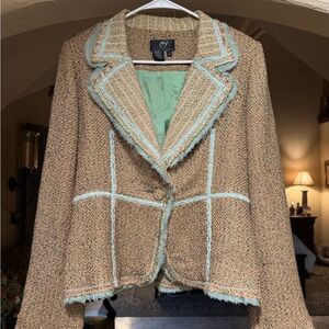 Trade Meaning Women's Tweed Blazer with Frayed Edges and Lace Accents